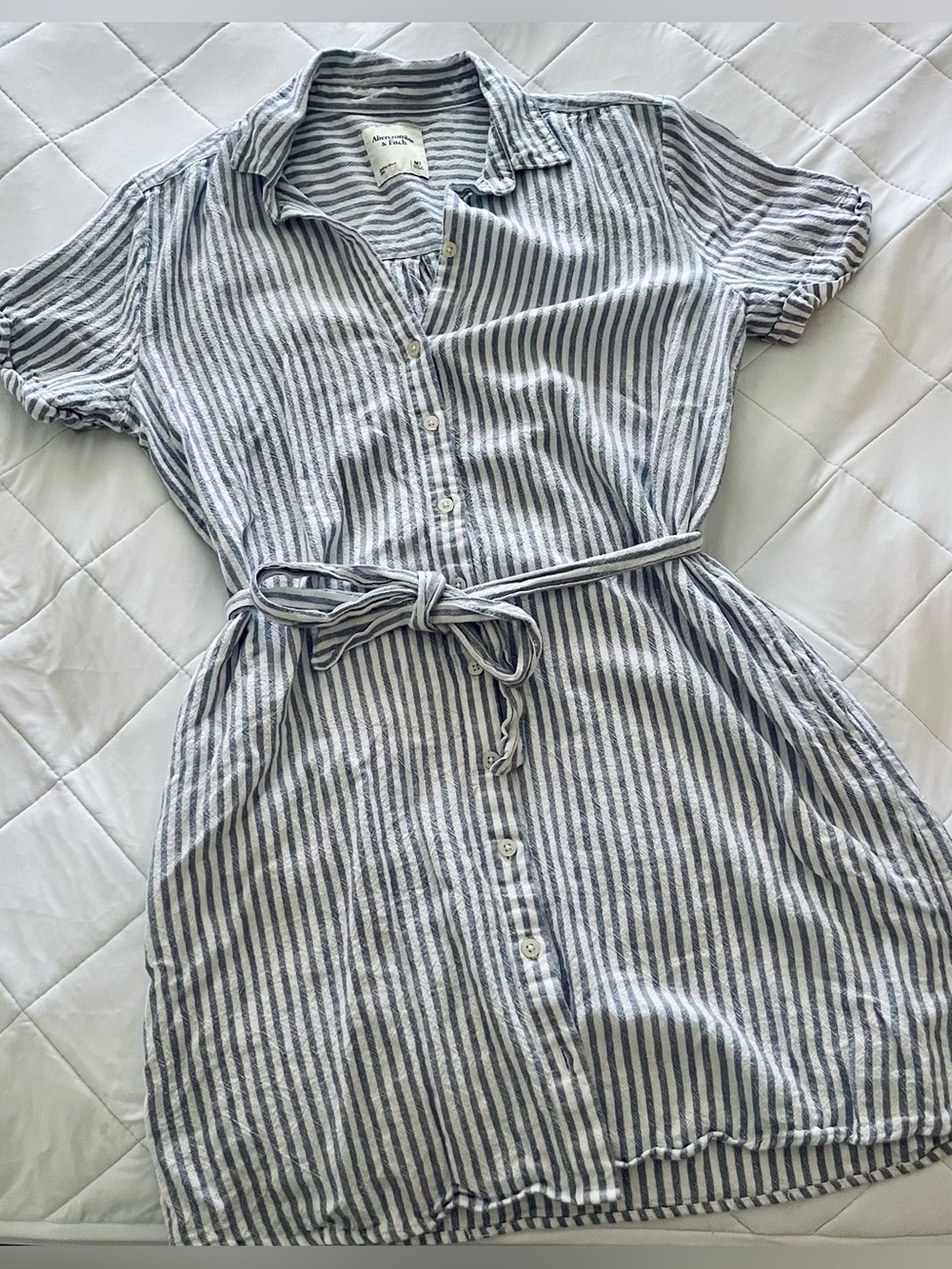 Abercrombie & Fitch Short Sleeve Tie Waist Linen Button Dress 🤍🩶🩵 Medium TALL